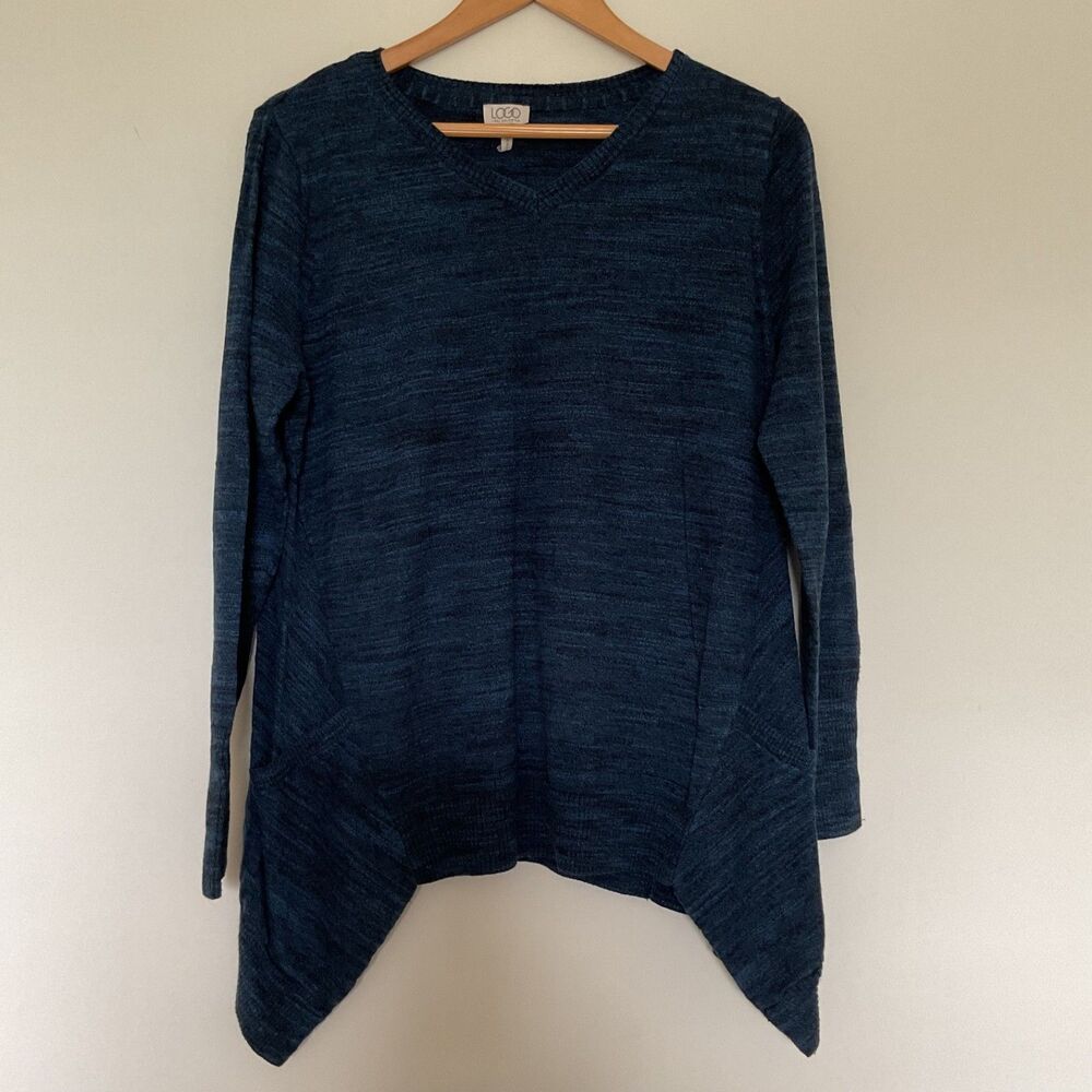 Logo Lori Goldstein Blue Melange Sharkbite Hem Sweater L Cashmere Cotton Pockets